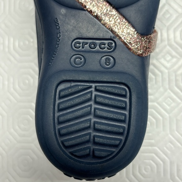 Crocs Slip On Shoes Navy Blue with Pink Bows and Glitter Strap Child’s Size 8 - Picture 9 of 10